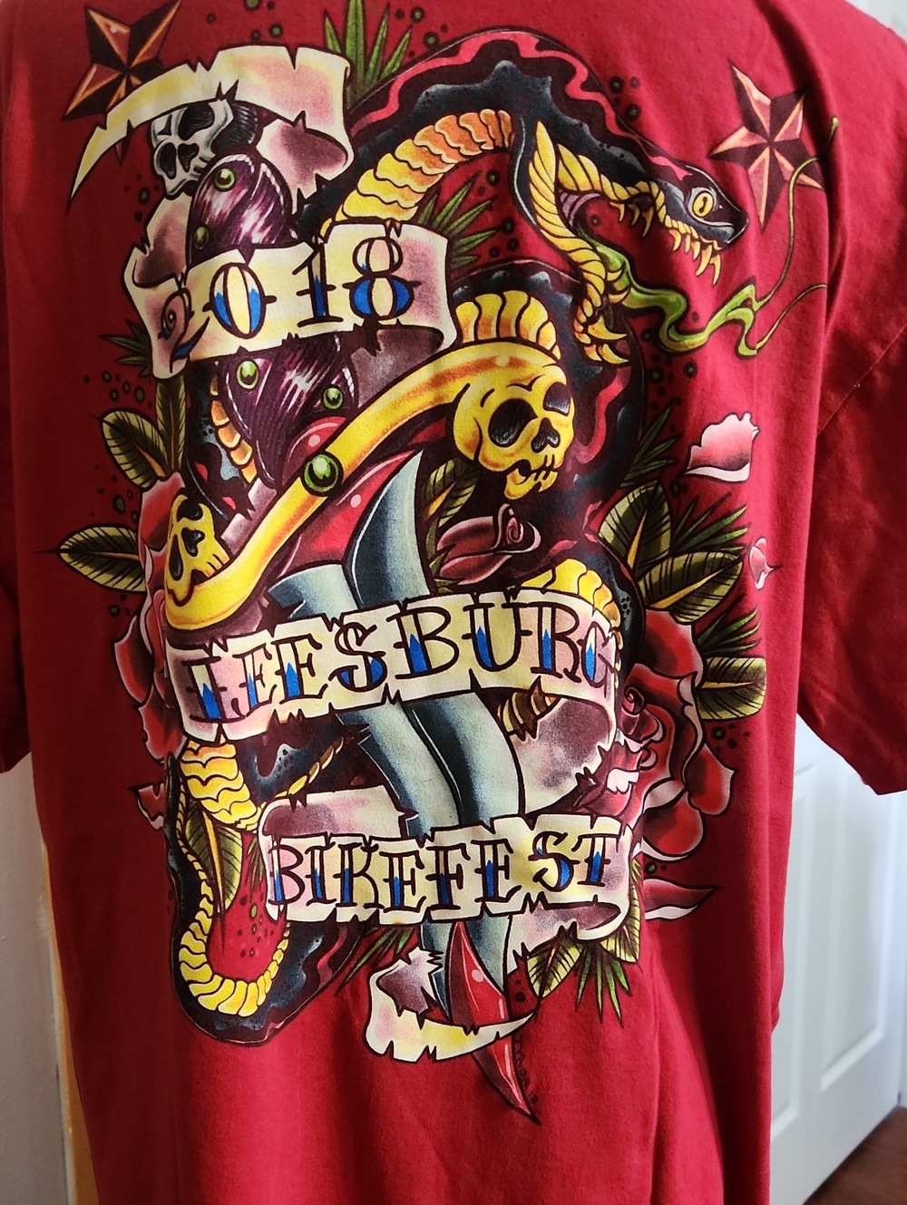 Men’s Red 2018 Leesburg Bikefest Graphic Tee with Tattoo-Style Back Print